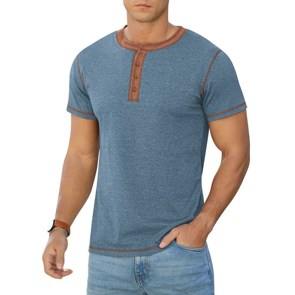 Iceglad Mens Henley Short Sleeve T-Shirt Cotton Lightweight Button T-Shirts Basic Casual Shirts Vg Blue L