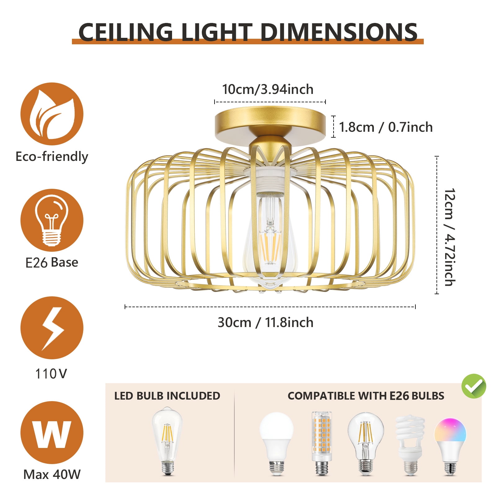 DONGPAI Modern Gold Flush Mount Light Fixture 11.8" Industrial Metal Cage Semi Flush Mount Ceiling Light for Hallway Living Room Kitchen Entryway Farmhouse (With Bulb)