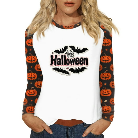 LTTVQM Womens Halloween Tops Ghost Pumpkin Bat Graphic Funny Long Sleeve Blouses Hocus Pocus Crew Neck Shirts Trendy Halloween T Shirts Black S
