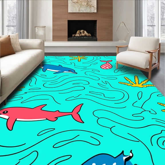 ODIKA 4'x6' Machine Washable Non-Slip Area Rug, Ocean Friends Sensory Play with Marine Life High Traffic Rug, Turquoise, 685430
