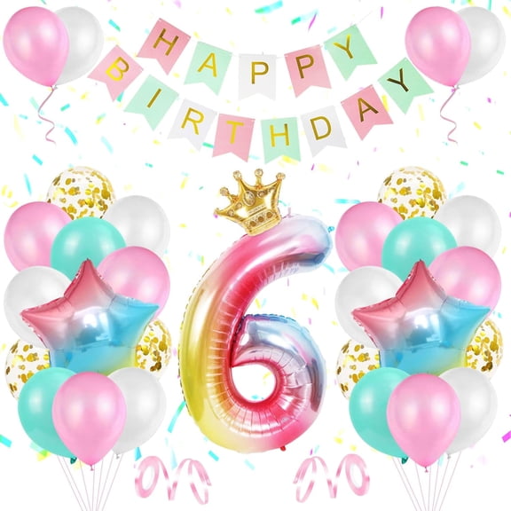 6th Birthday Decorations Girls, Rainbow Large Gradient Helium Balloon Number 6, Pink Blue Gold Confetti Latex Balloons, Rainbow Party Decorations for Birthday Party Decor