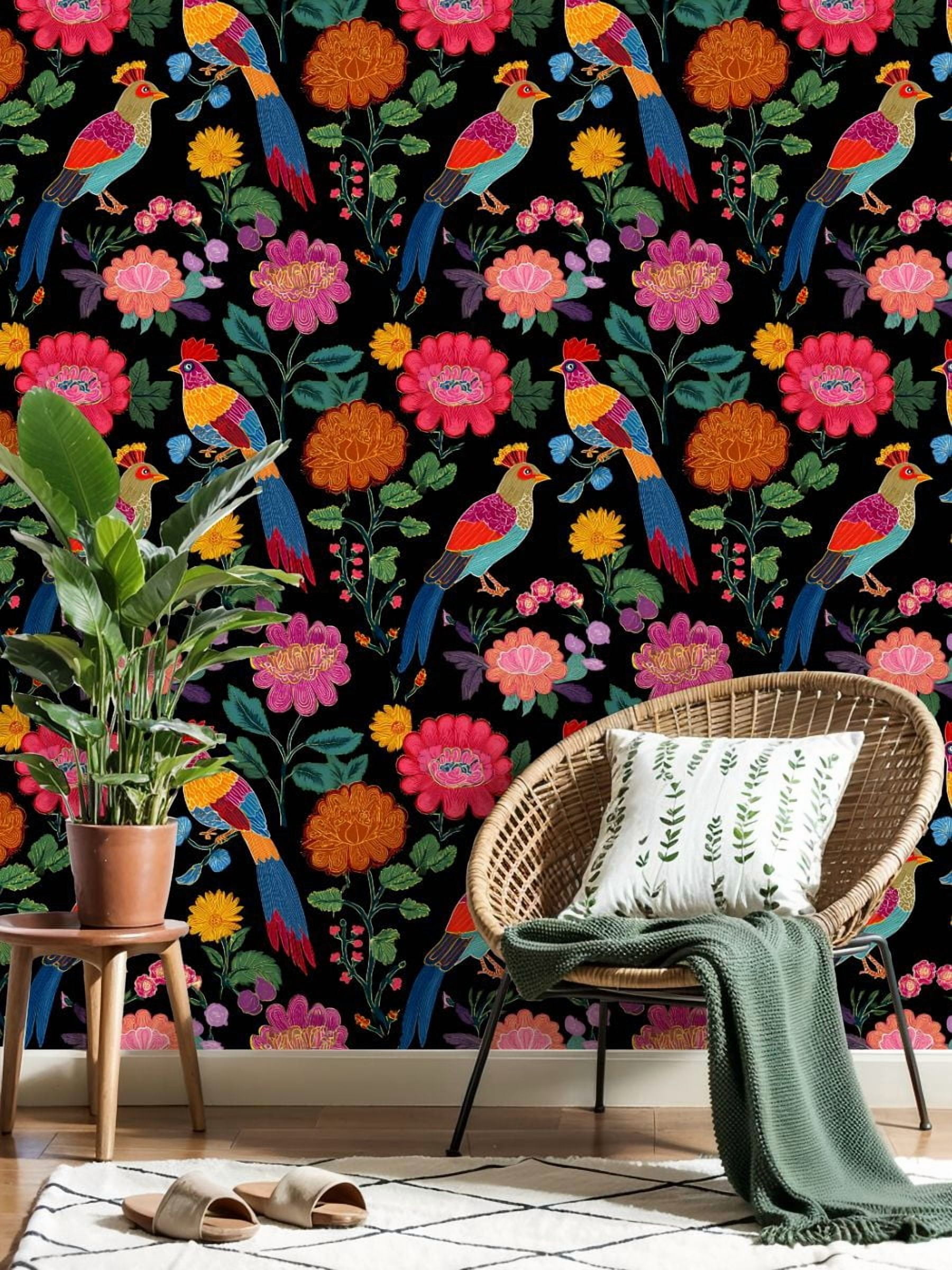 Mexican Peel and Stick Wallpaper Colorful Vibrant Floral Dark Wall Mural 17.7in x 9.8ft Self Adhesive Removable Wall Paper Renter Friendly Wallpaper for Nursery Bedroom Cabinets