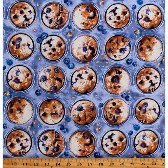 Cotton Blueberry Muffins Muffin Tin Food Breakfast Snacks Kitchen Blueberries Blueberry Hill Cotton Fabric Print by the Yard (12643-99)