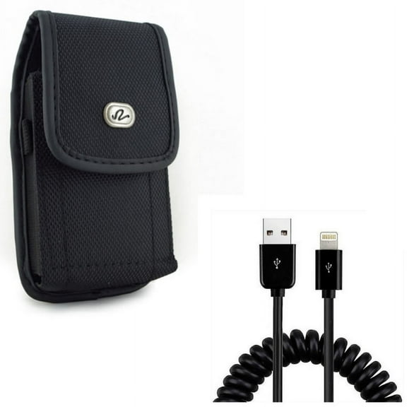Coiled USB Cable w Rugged Case Belt Clip for iPhone XS Max/8 PLUS/7 Plus/6S Plus/6 Plus - Charger Cord Power Sync Wire and Holster Canvas Cover Pouch Carry