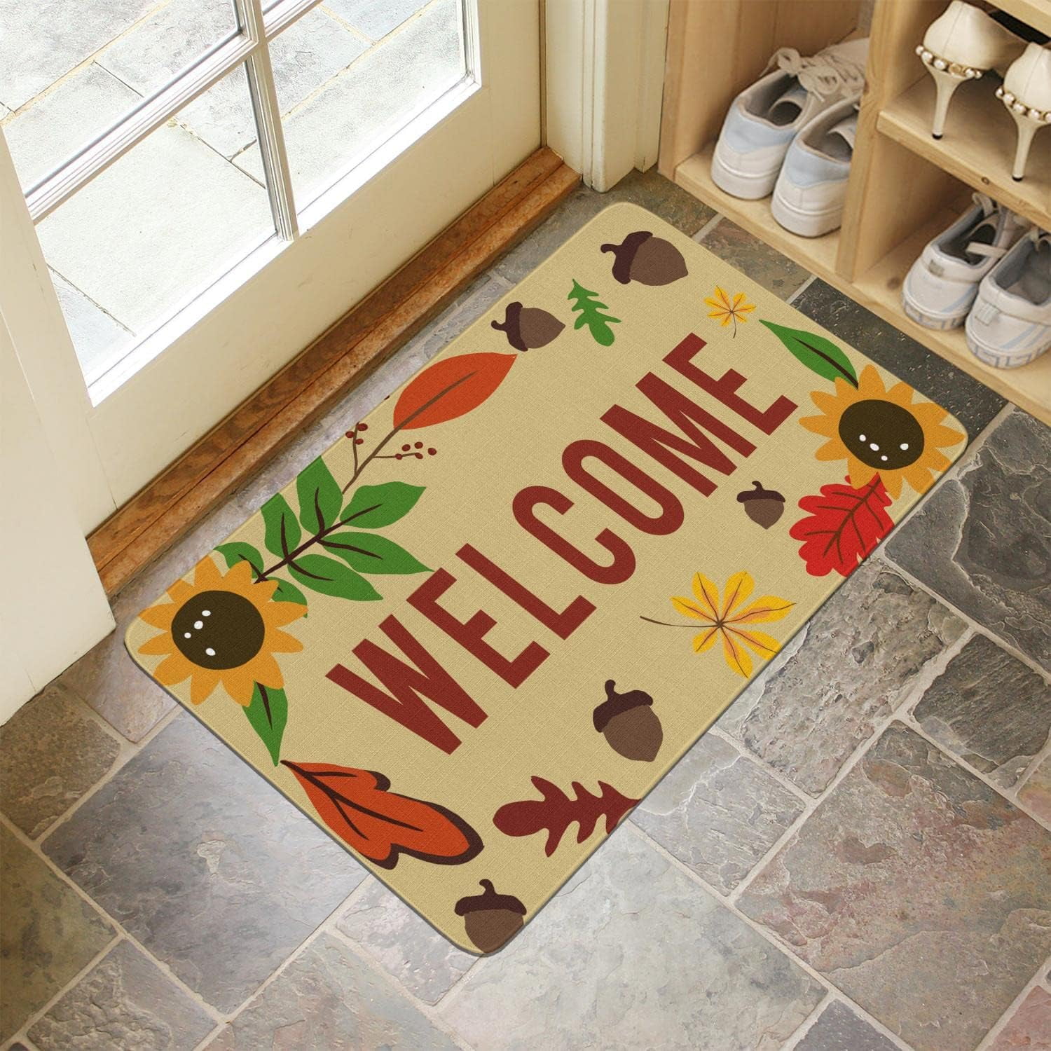 Linen Door Mat Maple Sunflower Dirt Resist Rug Welcome Indoor and Outdoor Front Entrance Doormat Home Decor Heavy Rubber Backing for Non Slip, 30" X 17"