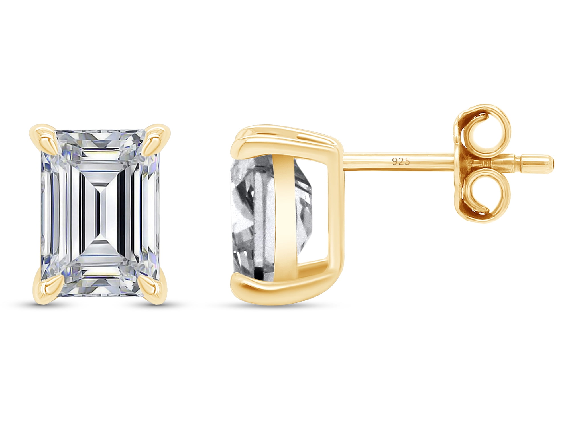 AFFY 2 Carat Emerald Cut Moissanite Solitaire Stud Earrings for Women 18K Yellow Gold over Silver