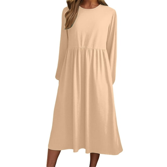 ZHYou Womens Casual Dresses Long Sleeve Loose Fit Midi Gown Round Neck Soft Flowy Swing Dresses,Beige,2XL