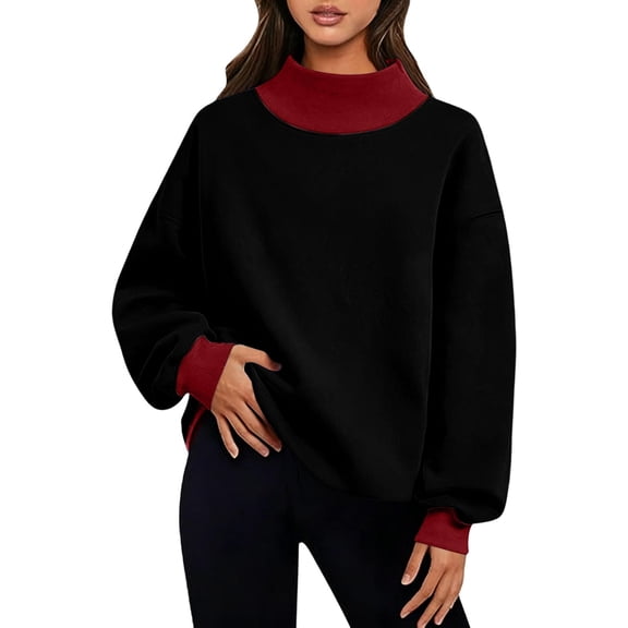 Sweatshirt Hoodies Loose Women's Color Block Turtleneck Sweatshirt Oversized Long Sleeve Loose Fleece Pullover Loungewear Fall Winter Tops Black L