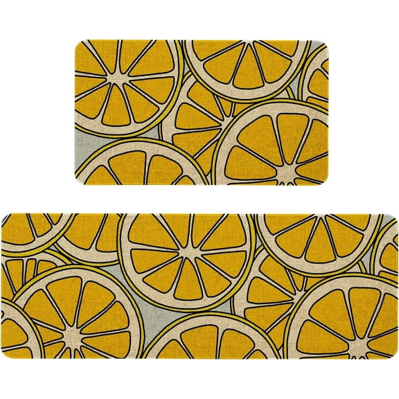 Yellow Lemon Decorative Kitchen Mats Set of 2, Anti Fatigue Waterproof Stain Resistant Floor Rug Non Slip Cushioned Floor Mat - 17x29 and 17x47 Inch