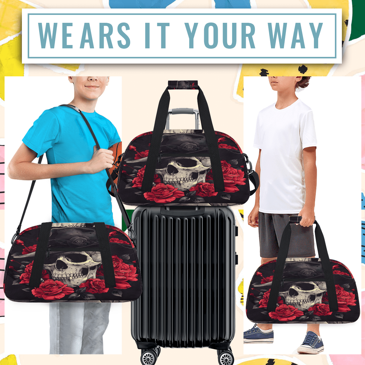 Herdesigns Skull Sports Duffle Bag for Women & Men, Floral Gothic Gym Bag Dance Bag Overnight Bag Carry On Weekender Travel Bag