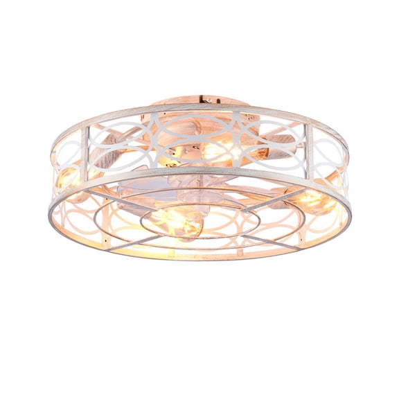 TICOZE 20 Inch Retro White Caged Ceiling Fan with Lights and Remote Bladeless Design 6 Speed Reversible Flush Mount for Bedroom, Living Room（NOT Included Bulbs）