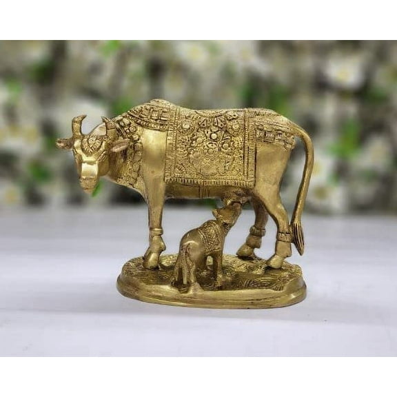 Cow with Calf Idol Showpiece for Home Decor Kamdhenu Statue Handicraft Decorative Showpiece Good Luck for Indian Wedding Gift Brass Gau MATA Idol Kamdhenu Cow Idol Housewarming Gift - AtoZ India Cart