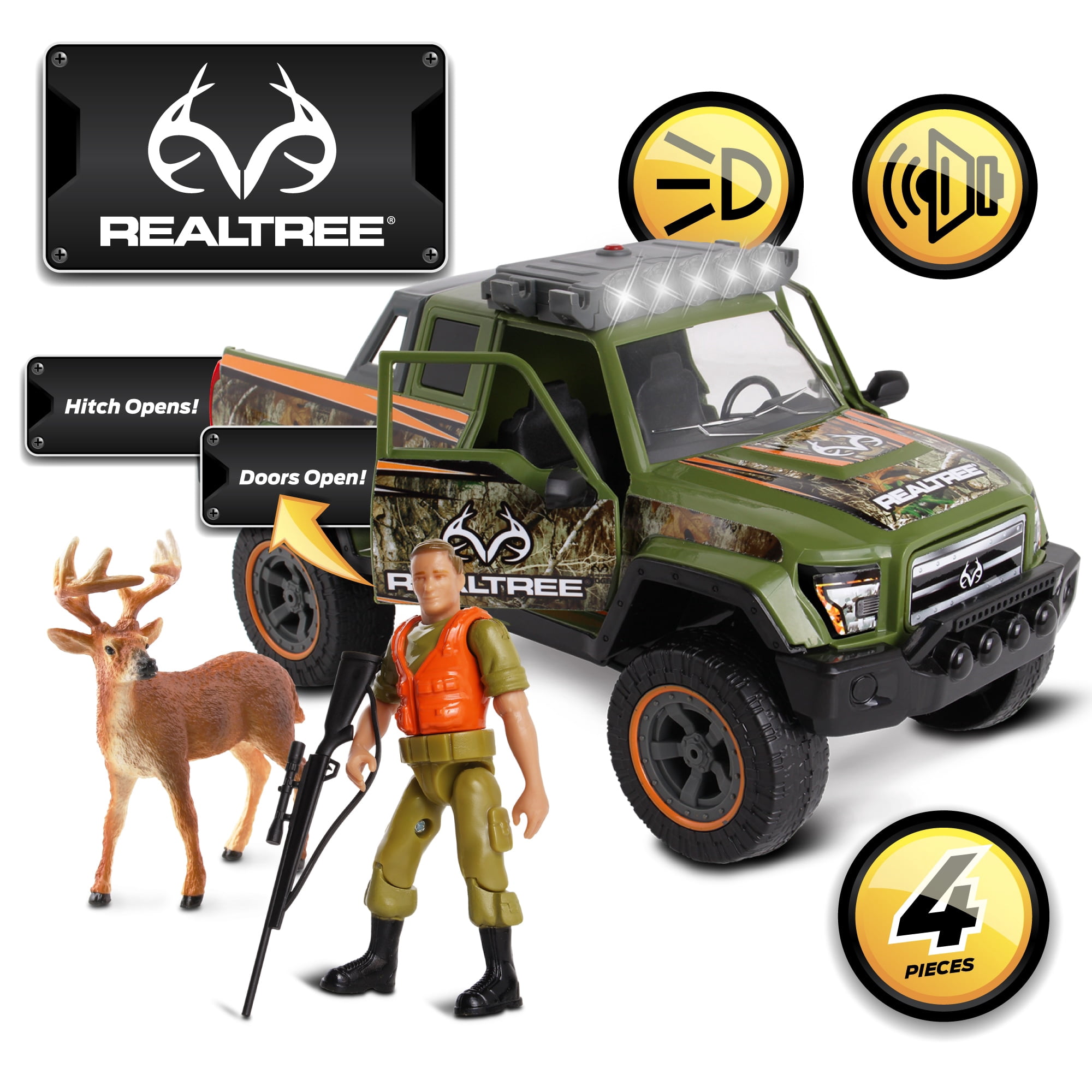 NKOK RealTree 1:18 Scale: Buck Hunting Playset - 4 Piece Friction Powered Lights & Sounds Truck Playset, RealTRee Edge Camouflage, Buck Hunting #21721,  Officially Licensed, For Kids Ages 3+