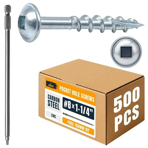 Albo Pocket Hole Screws #8 × 1-1/4" Set 500 PCS Zinc Carbon Steel Self-Tapping Robertson Square Drive Washer Head Cabinet Wood Screws, Pocket Jig Fasteners Assortment, 6" (150 mm) Bit Included