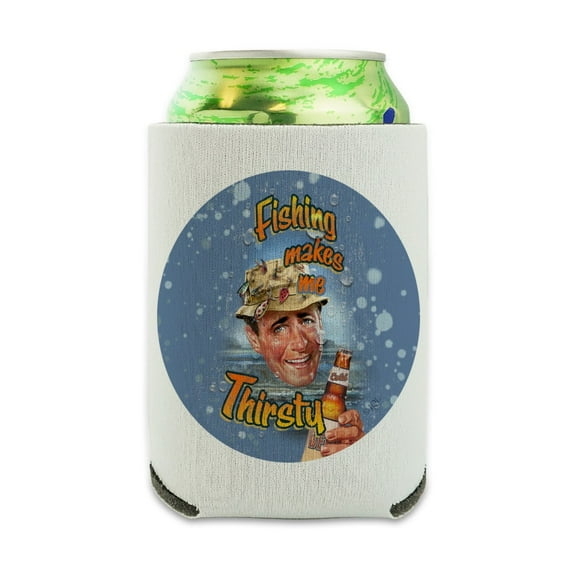 Retro Fishing Makes Me Thirsty Can Cooler - Drink Sleeve Hugger Collapsible Insulator - Beverage Insulated Holder