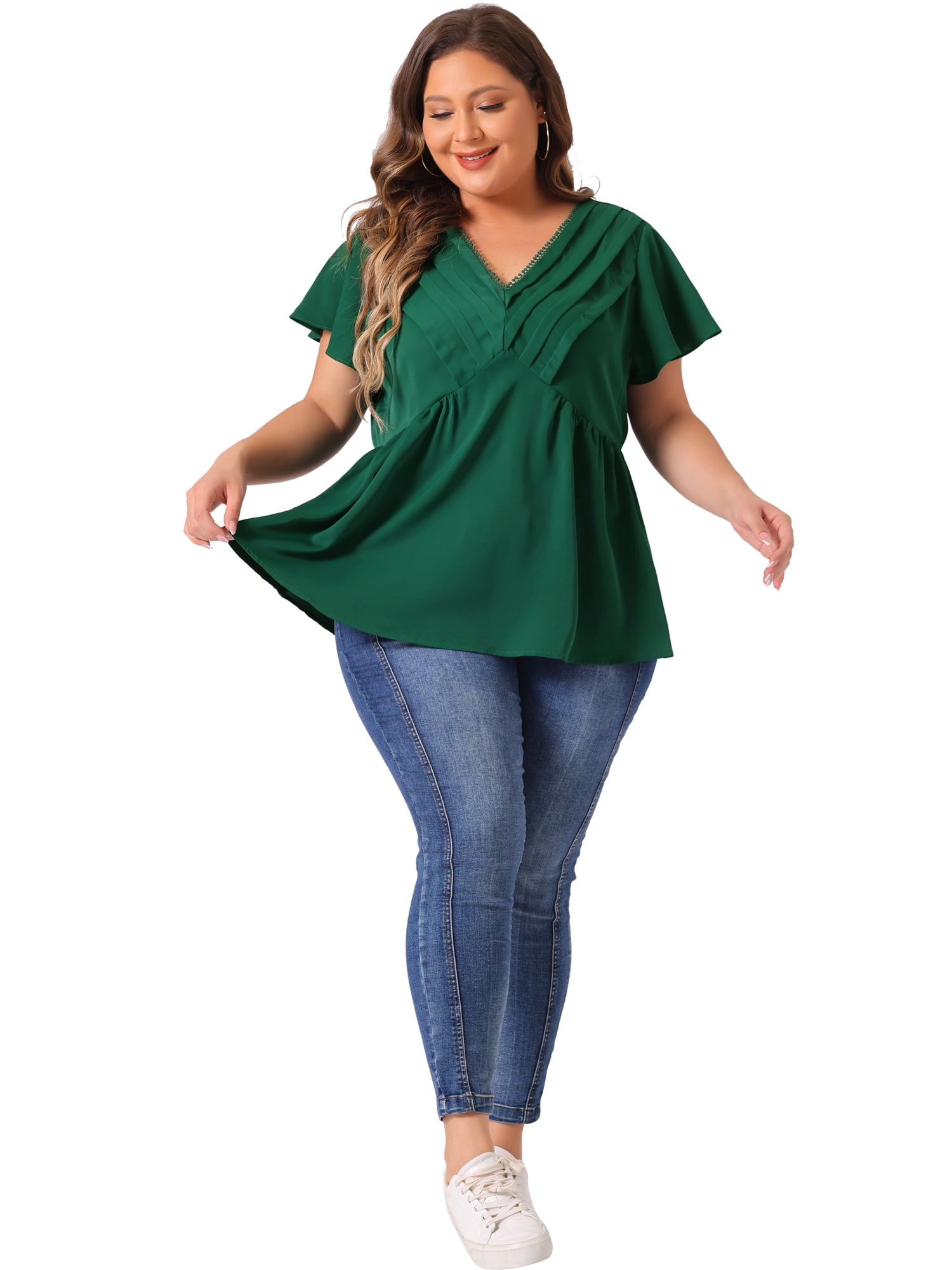 DARING DIVA Women's Plus Flare Sleeves V Neck Lace Front Peplum Blouse 3X Dark Green