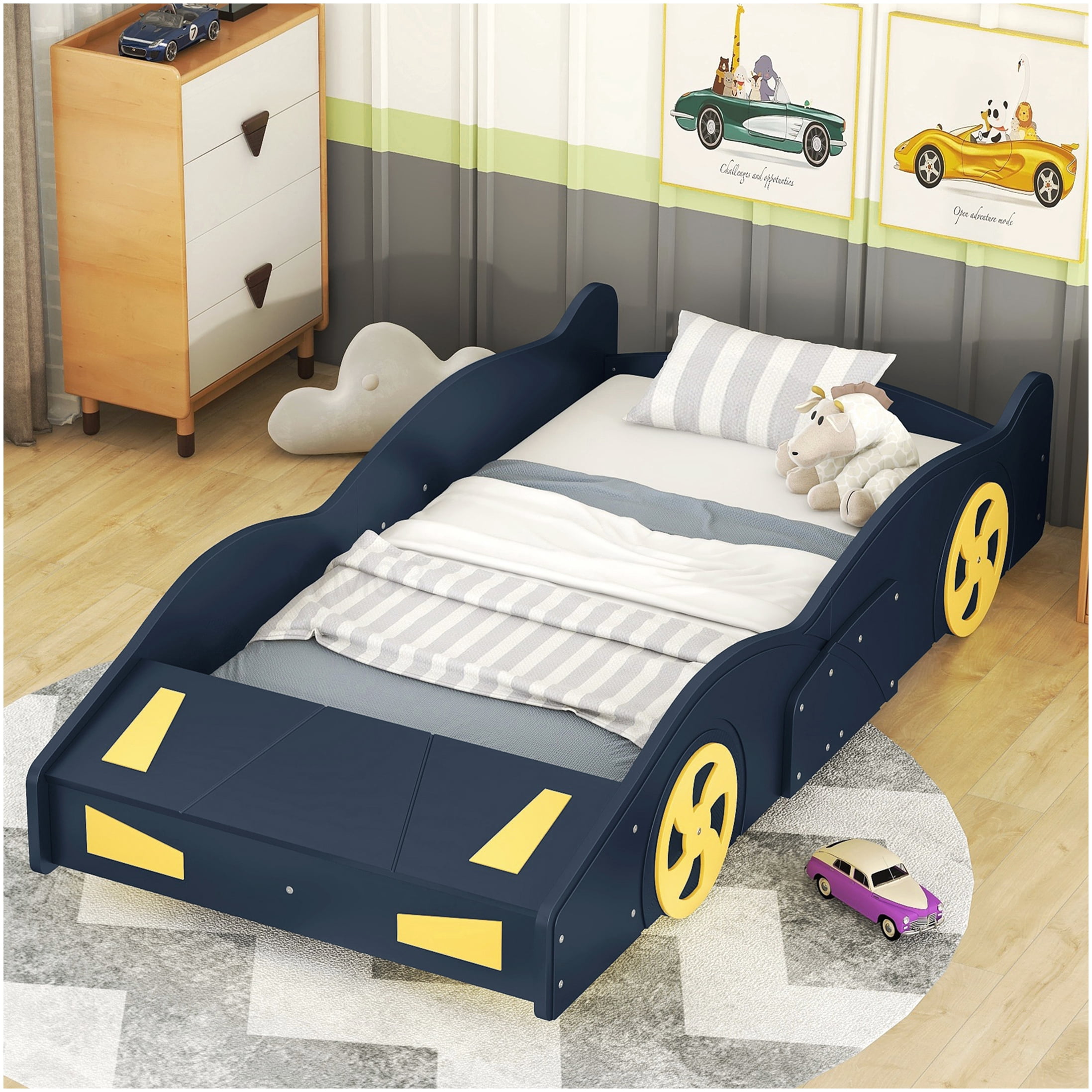Low Profile Twin Bed Frame with Storage, Race Car Design, Solid Wood Platform Base