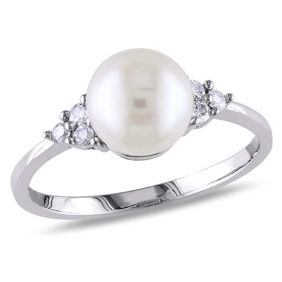 AMOUR 7.5 - 8 Mm White Cultured Freshwater Pearl and 1/8 CT TW Diamond Ring In 10K White Gold