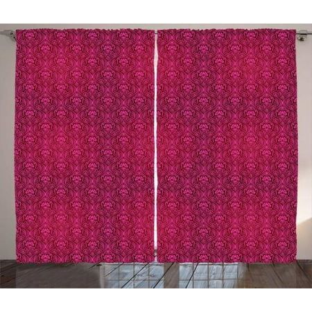 Magenta Curtains 2 Panels Set Monochrome Flourishing Flowers With
