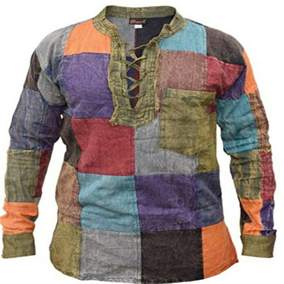 Lolmot Mens Gothic Retro T-Shirt V-Neck Lace-Up Long Sleeve Tee Shirt Plus Size Color Blocking Loose Tops