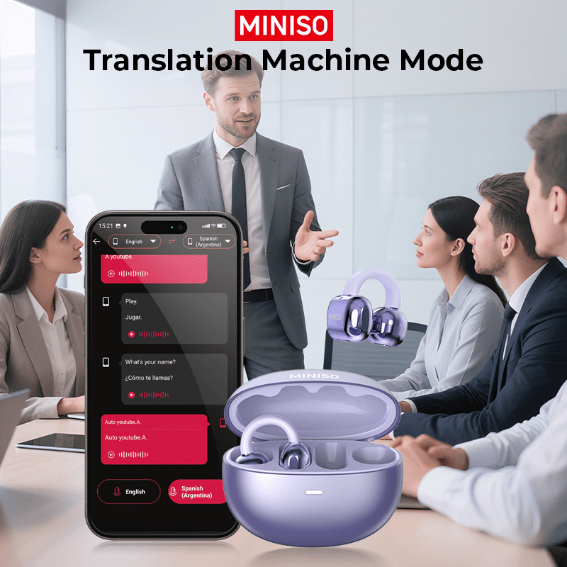 Miniso MS198 Clip-On Earbuds, Open-Ear Headphones, AI Translator 130+ Languages, Bluetooth 5.4, IPX5 Waterproof, Type-C Fast Charge, Purple