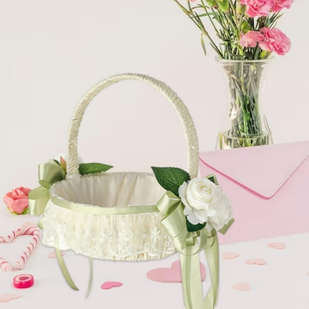 Cesta De Flores Para Boda, Estilo Vintage, Color Blanco, Con Asa Forrada Y Detalles De Encaje, 18x20 Cm, Para Niñas Y Damas De Honor
