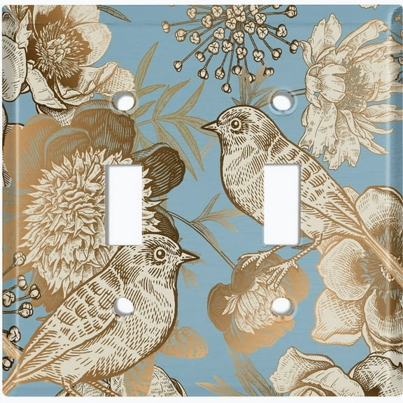 Metal Light Switch Wall Plate Outlet Cover (Vintage Golden Plants and Birds - Double Toggle)