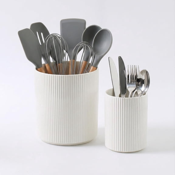 KSENDALO 2-Pack White Ceramic Utensil Holder Set, 7" & 4.5" Tall Farmhouse Kitchen Counter Storage Jars, Ribbed Utensil Crock for Silverware & Flower Display