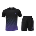 thumbnail image 2 of Men's Short Sets 2 Piece Outfits Matching Airport Travel Outfit Men's Solid Color Short Sleeve Round-Neck Top Pocket Elastic Waist Shorts Casual Fashion Set Purple Xl, 2 of 5