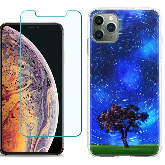 For Apple iPhone 11 Pro Max Phone Case , Slim-Fit TPU Case with Tempered Glass Screen Protector, by OneToughShield ® - Star Trails Tree