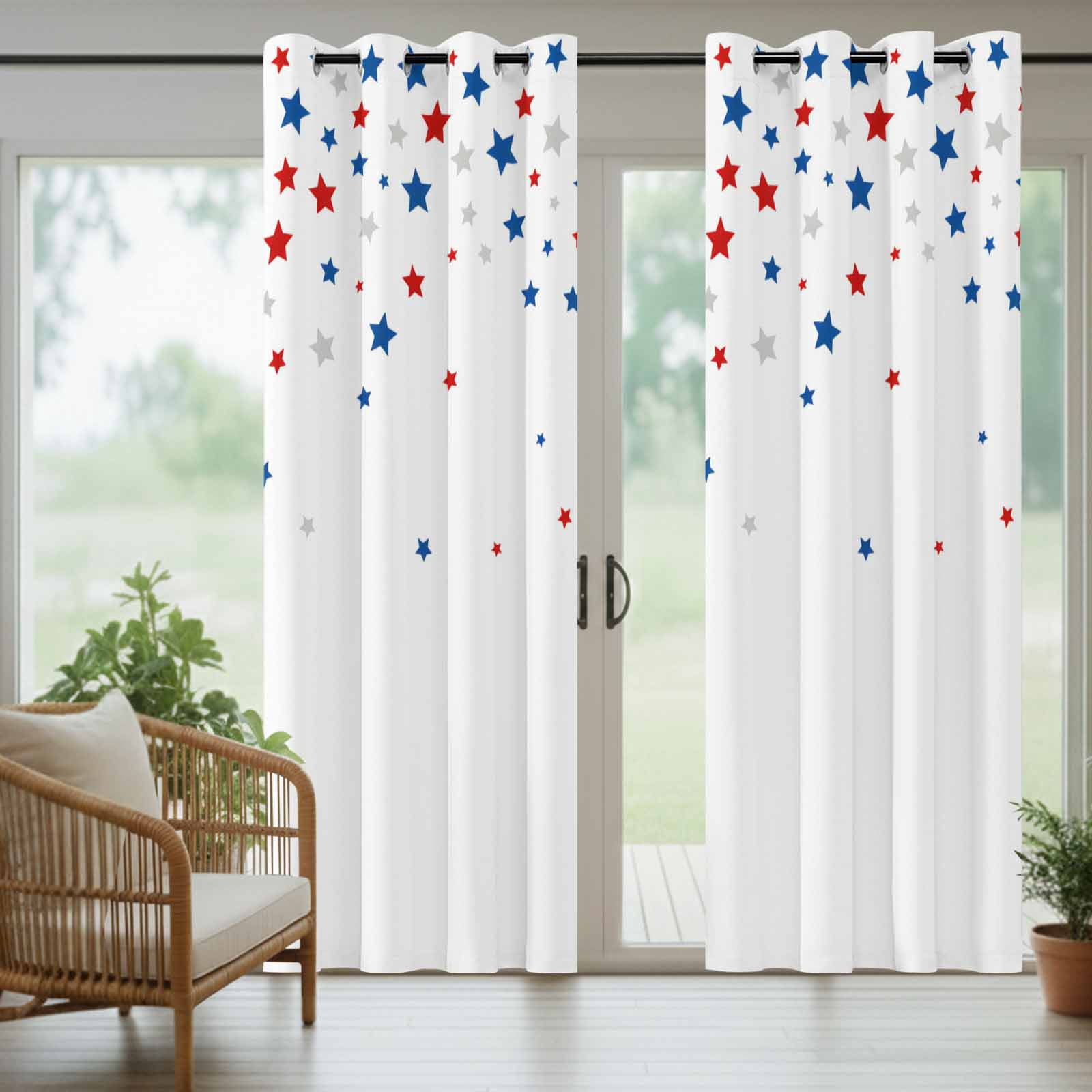 Independence Day Outdoor Curtains for Patio, Day 4th of July Ombre Blue Red Gray Star on White Sunshade Privacy Drapes Grommet Waterproof Outside Curtains for Porch/Cabana/Balcony 54"x 108", 1 Panel