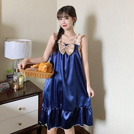 

PIKADINGNIS Home Style Young Girl Rayon Nightdress Knee-Length Spring Summer Vest Sling Women Sleepwear Dress Slash Neck Bow Nightshirt