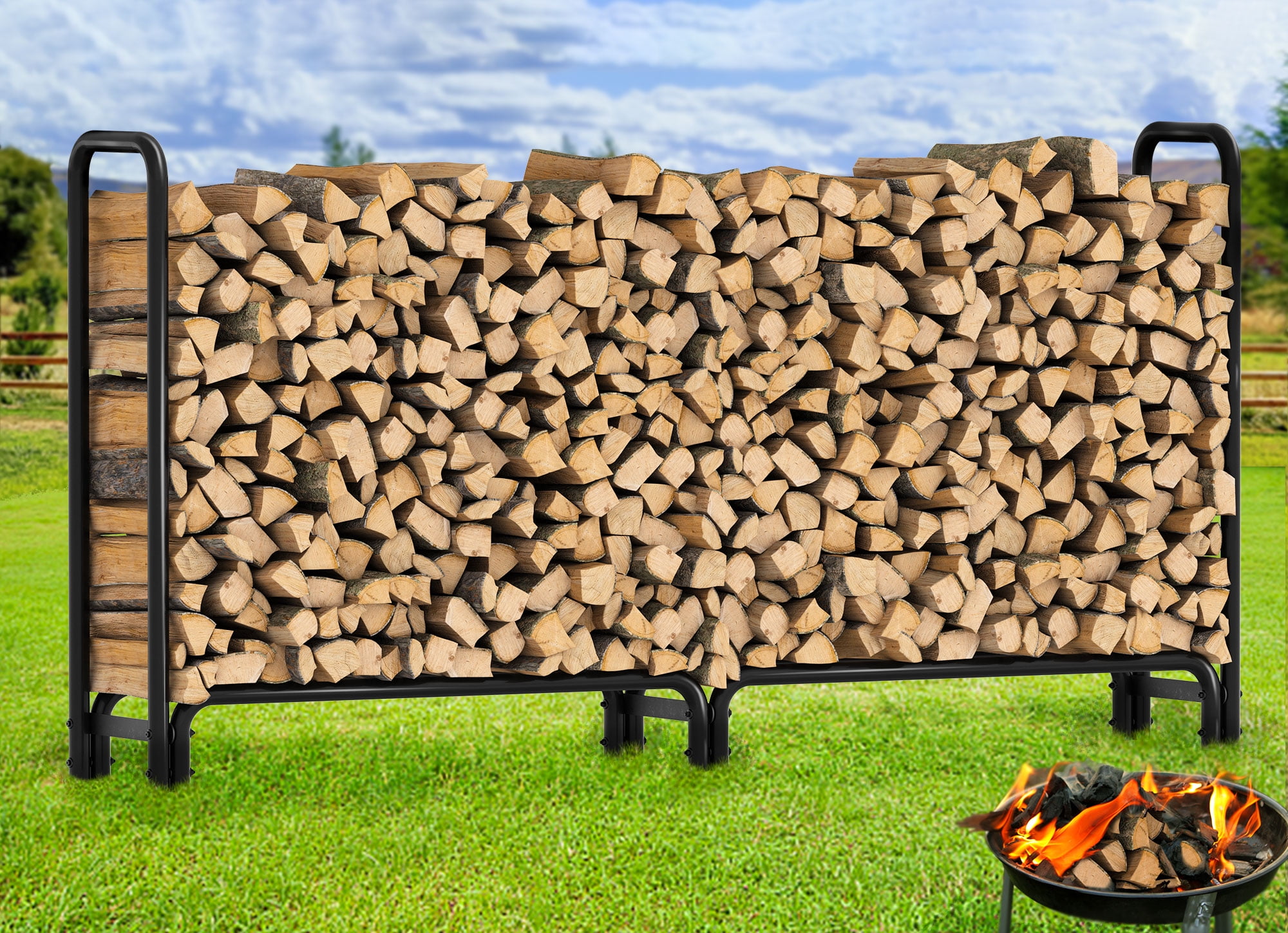 8FT Firewood Rack Outdoor Firewood Storage Rack Heavy Duty Log Rack
