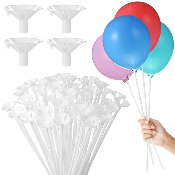 50pcs Plastic Balloon Sticks with Cups for Birthday Wedding Party Christmas Valentine's Day with White Balloo