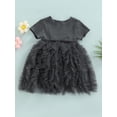 thumbnail image 4 of Little Girls Short Sleeve Round Neck Ribbed Stitching Fluffy Hem Summer Casual A-Line Dress, 4 of 8