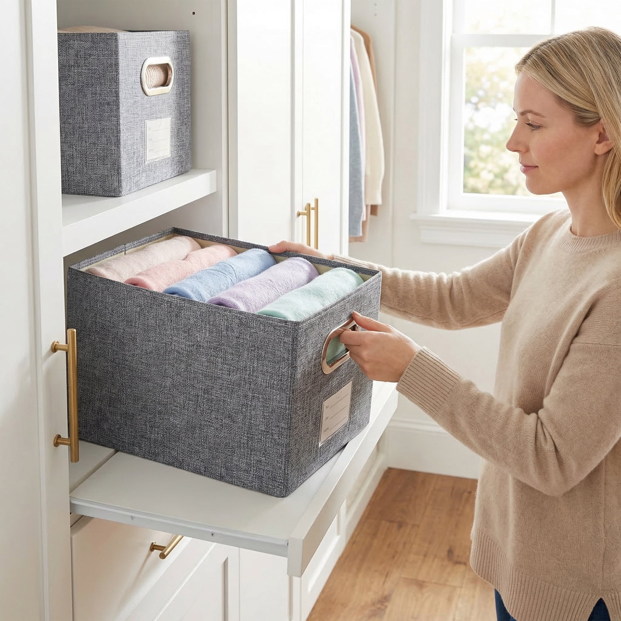 Unique Bargains Storage Bin with Handles for Shelves Closet Gray 11.8" x 19.7" x 11.8"