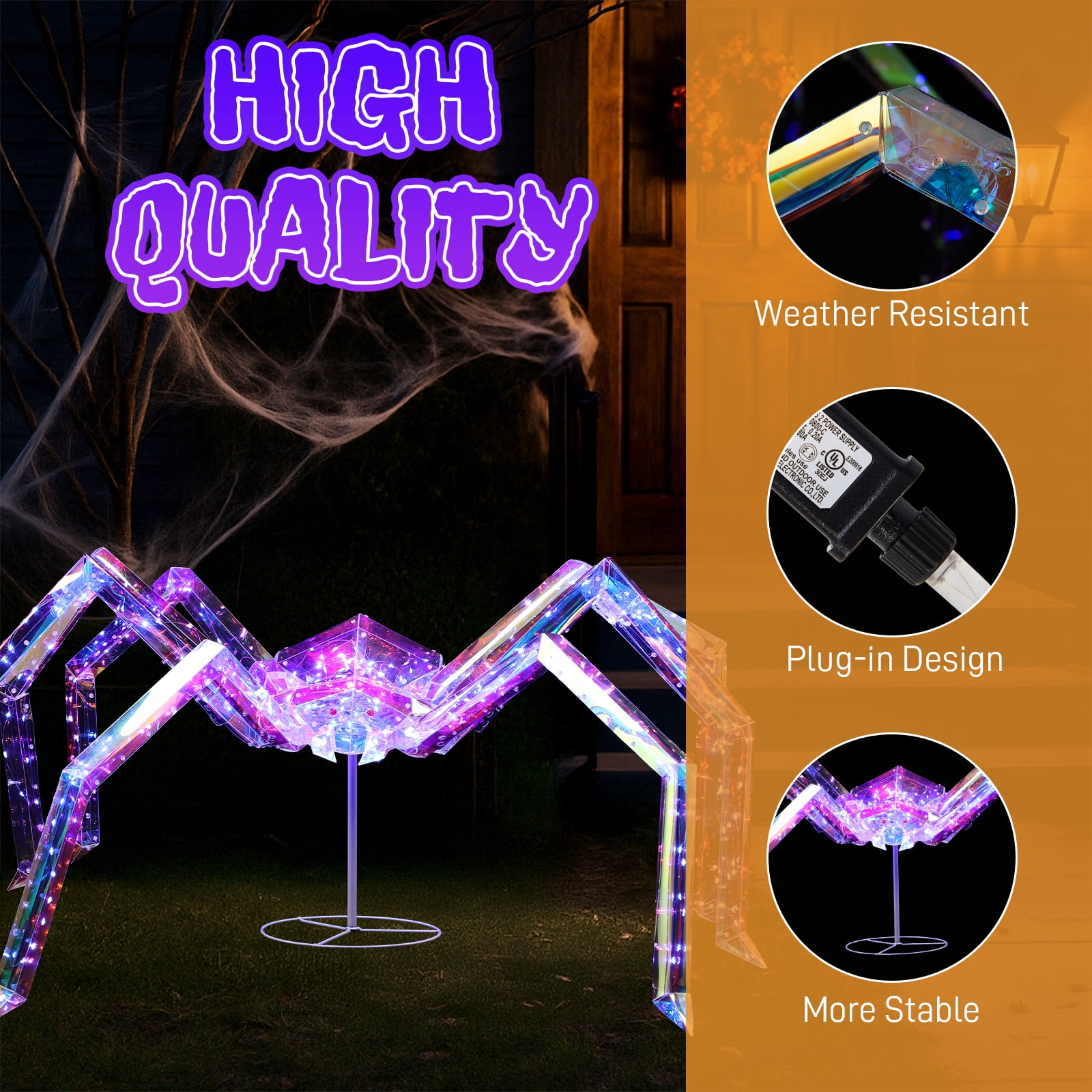 3FT Halloween Decorations Light Up Spider, Outdoor Halloween Decor Lighted Iridescent Spider, Weather Proof Pre-lit Spider with 340 LED Lights, for Front Yard Porch Gardens Lawns Party