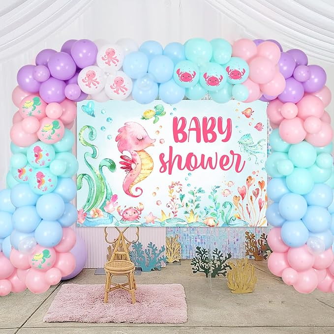 Ocean Themed Baby Shower for Girl - Under The Sea Baby Shower Decorations Balloon Garland Arch Kit, Octopus Seahorse Bubble Fish Foil Balloons with Baby Shower Backdrop for Ocean Baby Shower Party