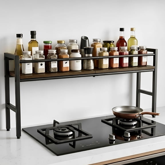 Over the Stove Spice Rack, 16.5 x 5.5 x 3.5 in Black Metal Heavy Duty Anti-Slip Countertop Standing Shelf Organizer with Wood Board for Kitchen, Seasoning Storage, Sink Countertop