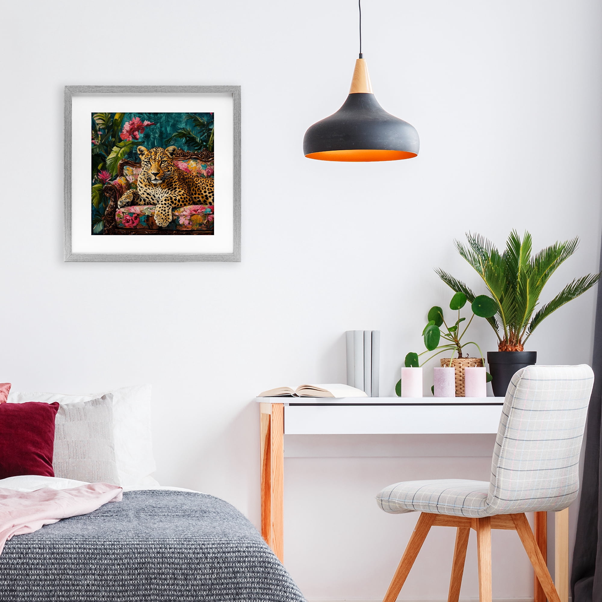 Stupell Industries Fashionable Leopard on Floral Sofa Gray Framed Print Under Glass, design by Petal Prints Design