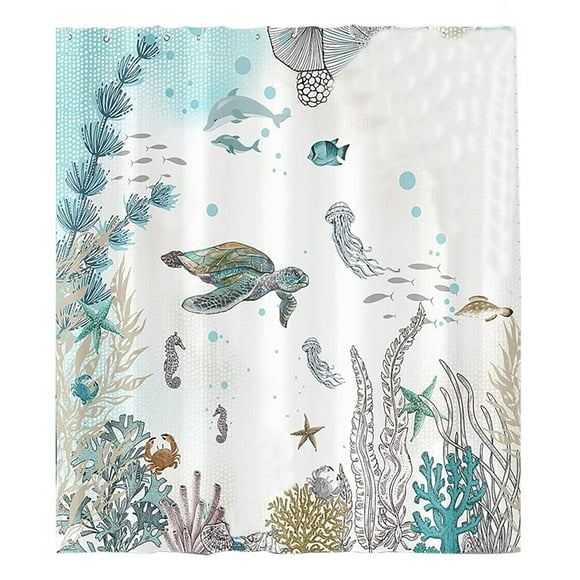180*180 Sea Coast Jellyfish Shower Curtain Blue Green Ocean Underwater Marine Life Coral Seahorse Sea Turtle Fg