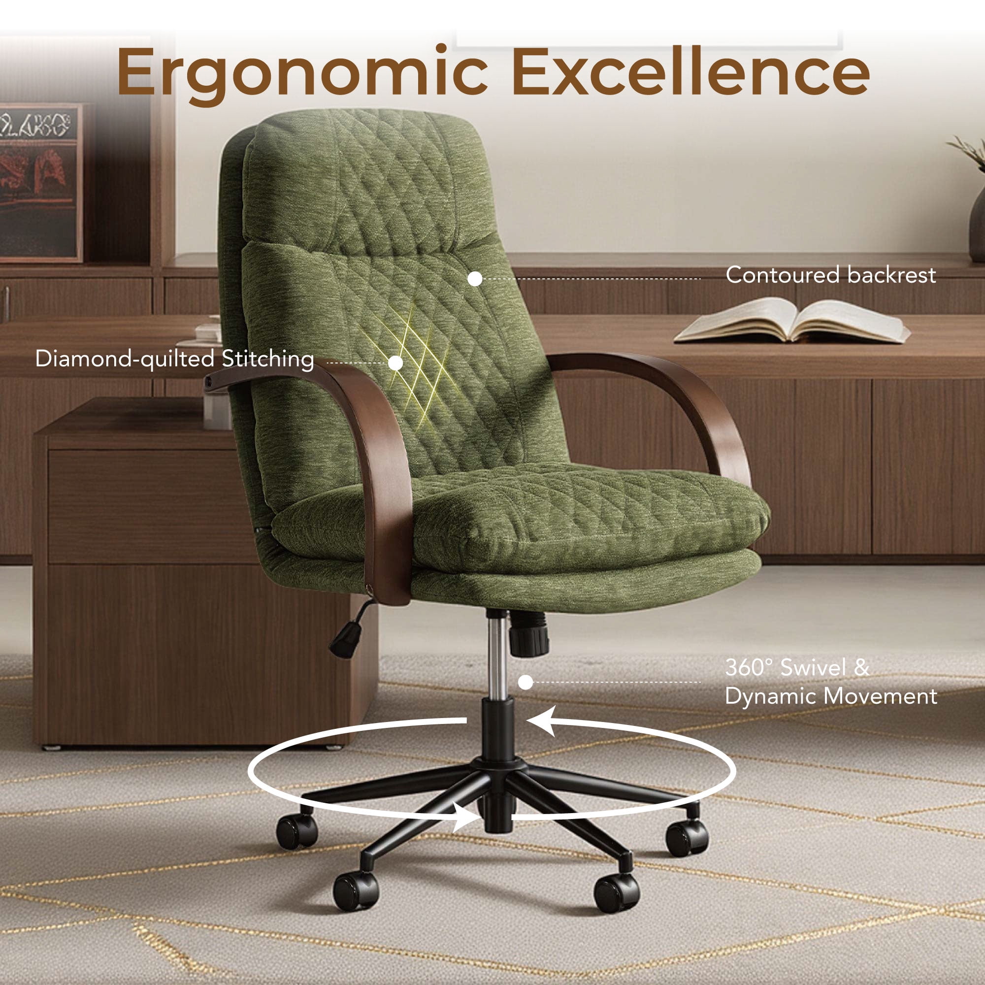 Spruce & Spring Modern Ergonomic Swivel Office Chair with Bentwood Arms, Upholstered High Back Desk Chair with Tilt Function and Durable Metal Base, Moss Green