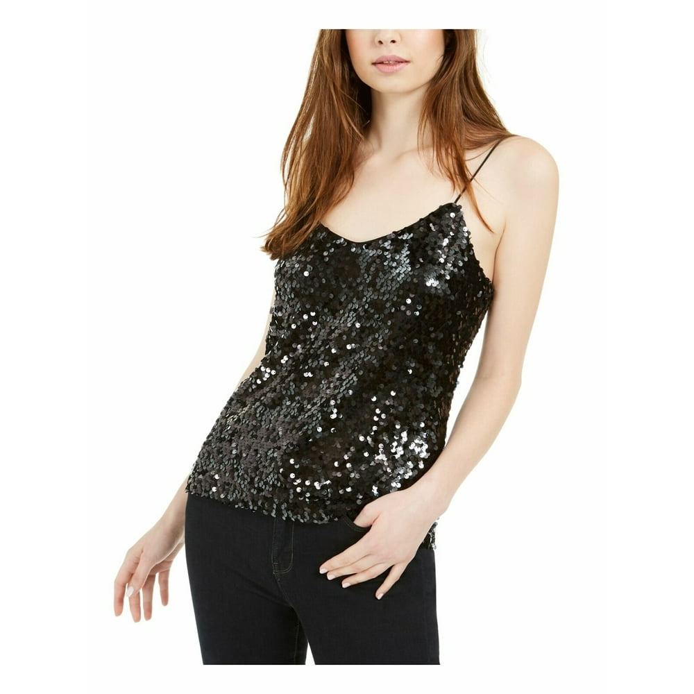 LEYDEN Womens Black Sequined Spaghetti Strap Scoop Neck Tank Party Top ...