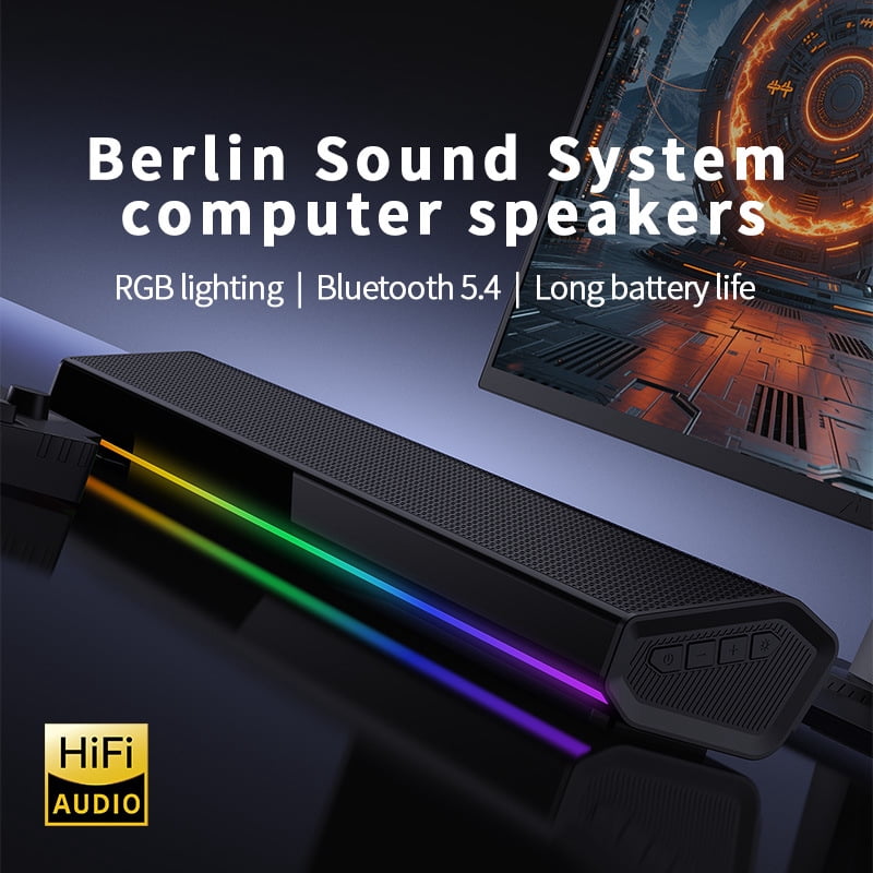 Computer Soundbar RGB Light Bar USB-C Dongle Desktop Bluetooth Speaker Wireless Subwoofer(Black)