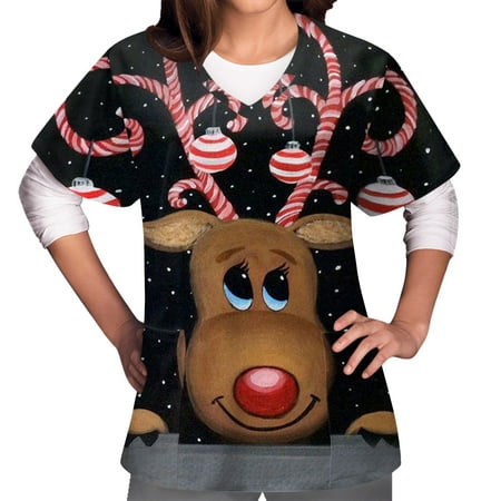 

Women s Scrub Tops Christmas Snowman Printed Short Sleeve V-Neck Fun T Shirts Casual Working Uniforms Blouse Scrub Shirt Workwear with Pockets