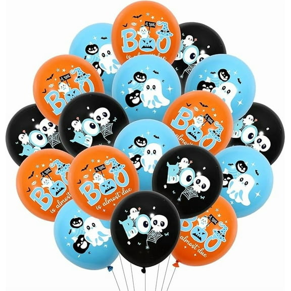 Halloween Baby Shower Party Balloon Set 45pcs Blue Orange Black A Little Boo Is Almost Due Balloons for Boy Spooky Boo Cute Ghost Pumpkin Bat Spider Web Gender Reveal Party Supplies