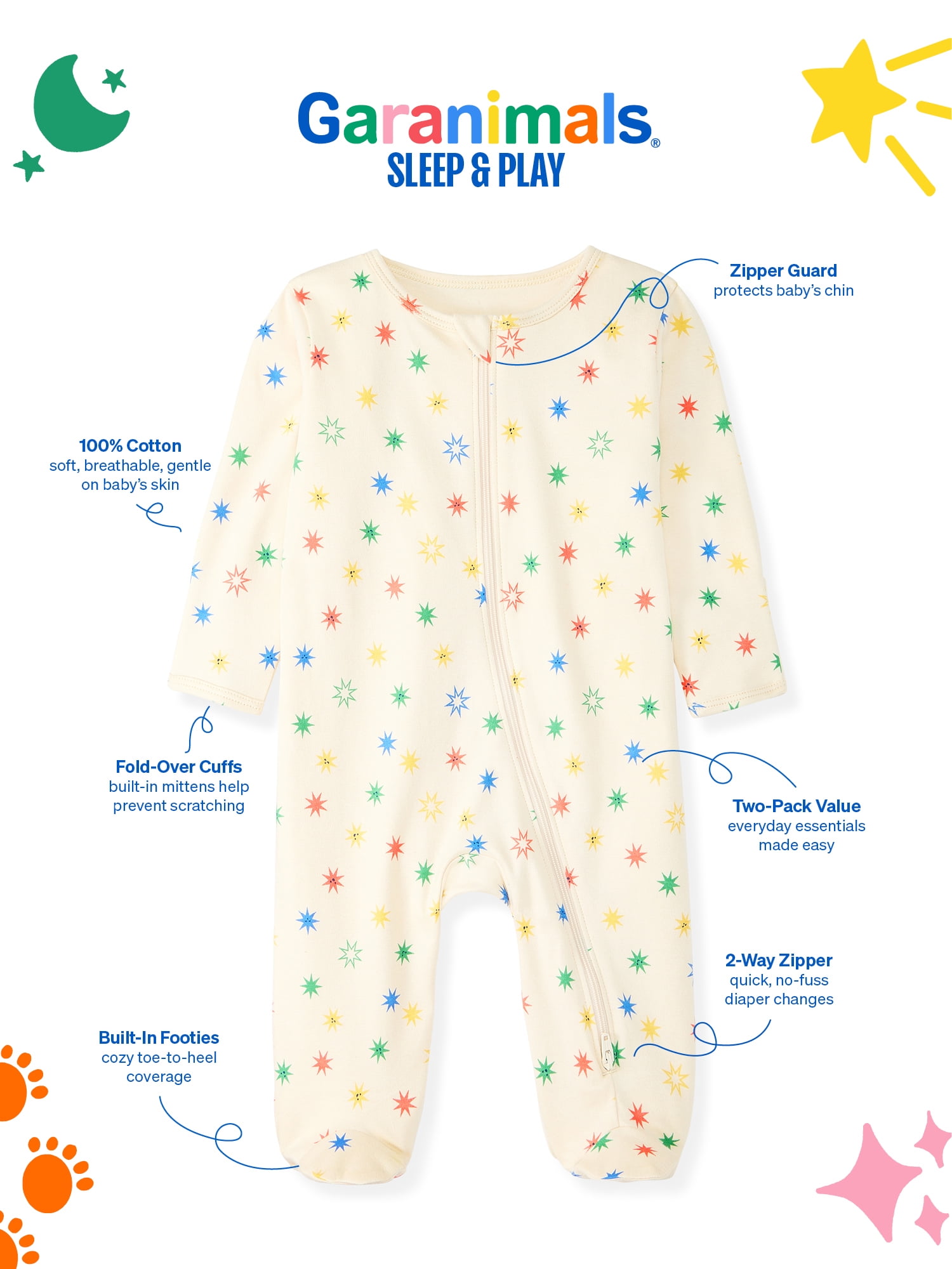 Garanimals Baby Boy Cotton Footed Sleep & Play Pajamas, Graphic Prints, 2-Pack, Sizes Newborn - 9M