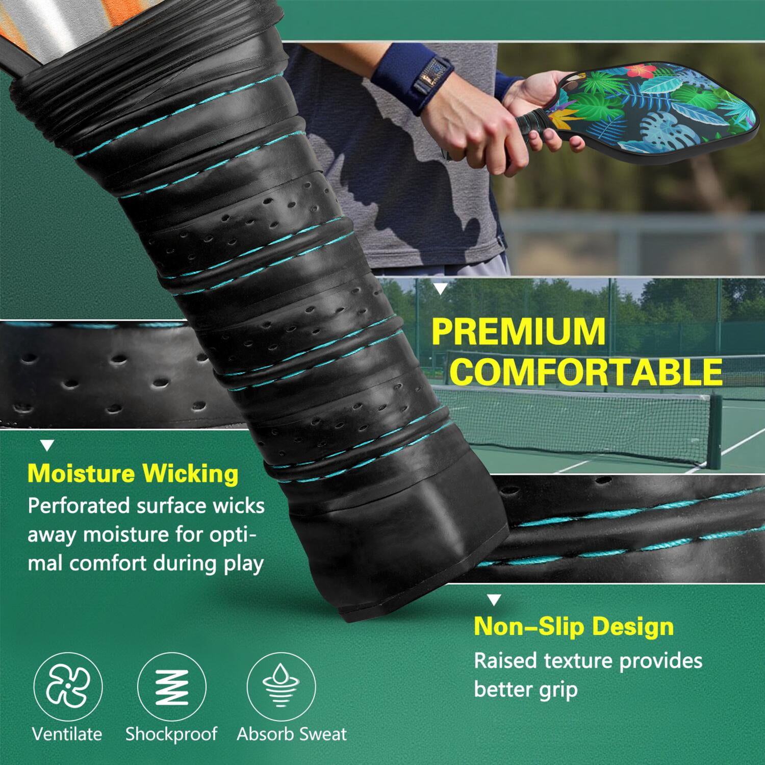 Pickleball Paddles Set Of 1, Fiberglass Surface, Tropical Leaf Print, 1 Paddle, 2 Balls & Bag