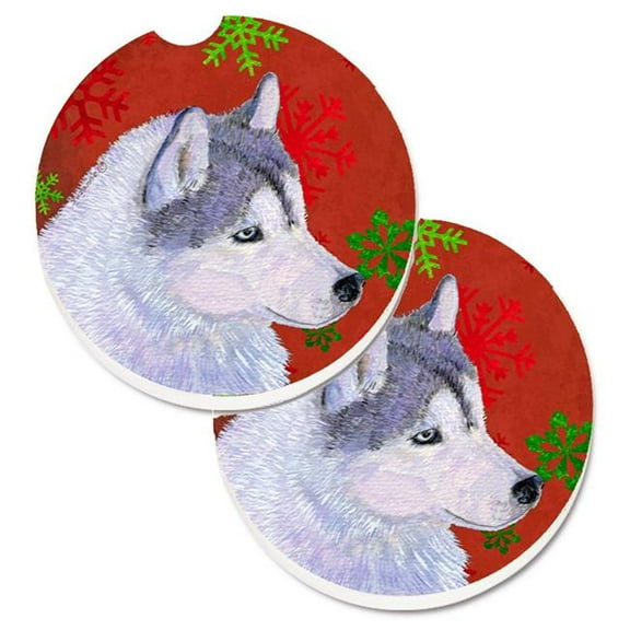 Siberian Husky Red & Green Snowflake Holiday Christmas Set of 2 Cup Holder Car Coaster