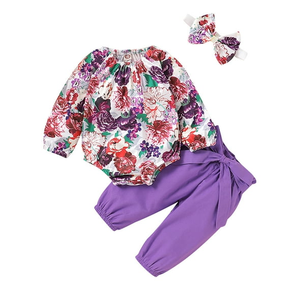 6 Months Baby Girls Clothes 12 Months Girls 3PCS Winter Clothing Set Flower Print Infant Girls Long Sleeve Top Pants Headband Set Purple